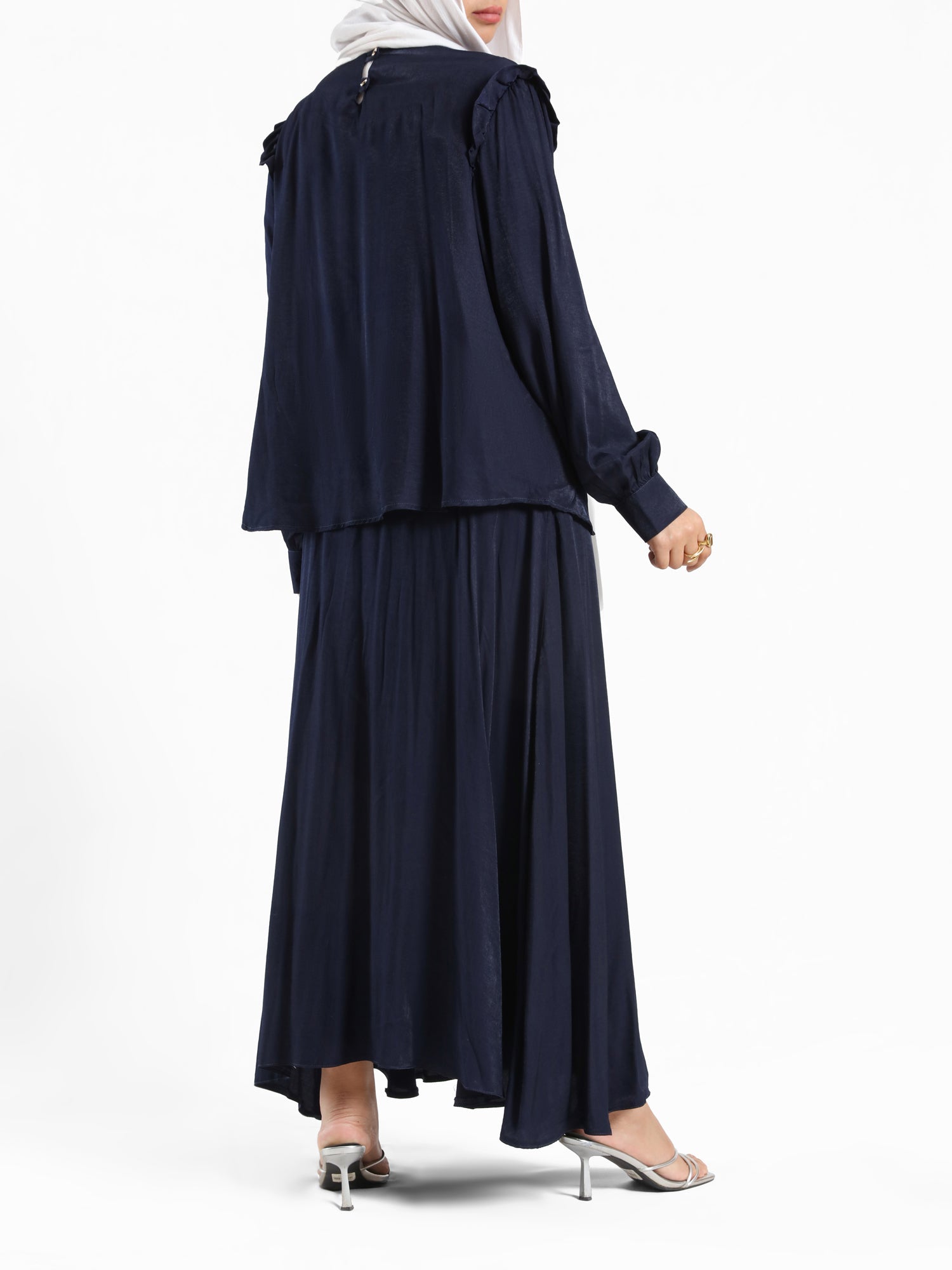 A-Line Elegance Set in samba silk blend with button blouse and skirt, a modest summer outfit in navy, white, or beige