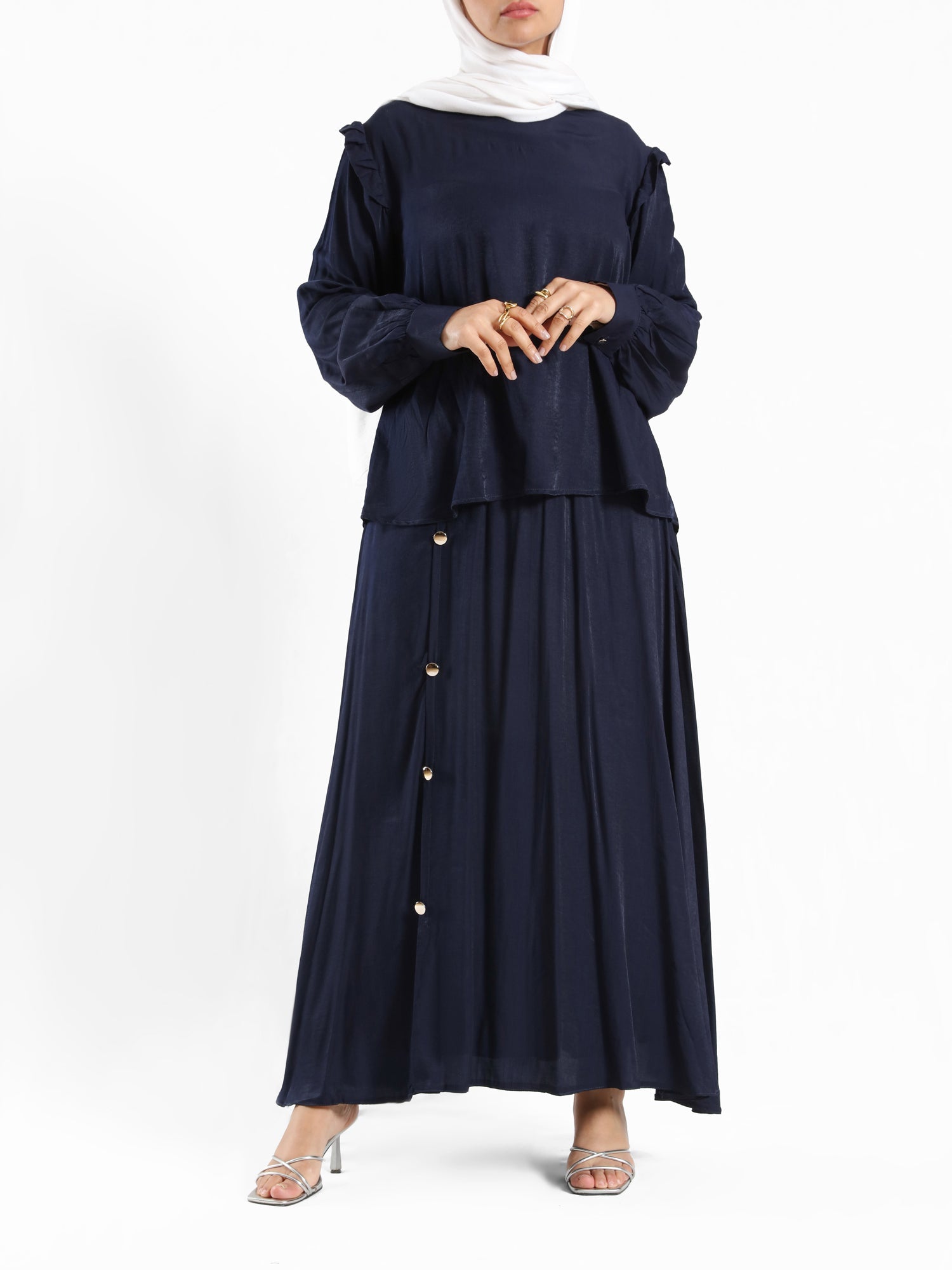 A-Line Elegance Set in samba silk blend with button blouse and skirt, a modest summer outfit in navy, white, or beige