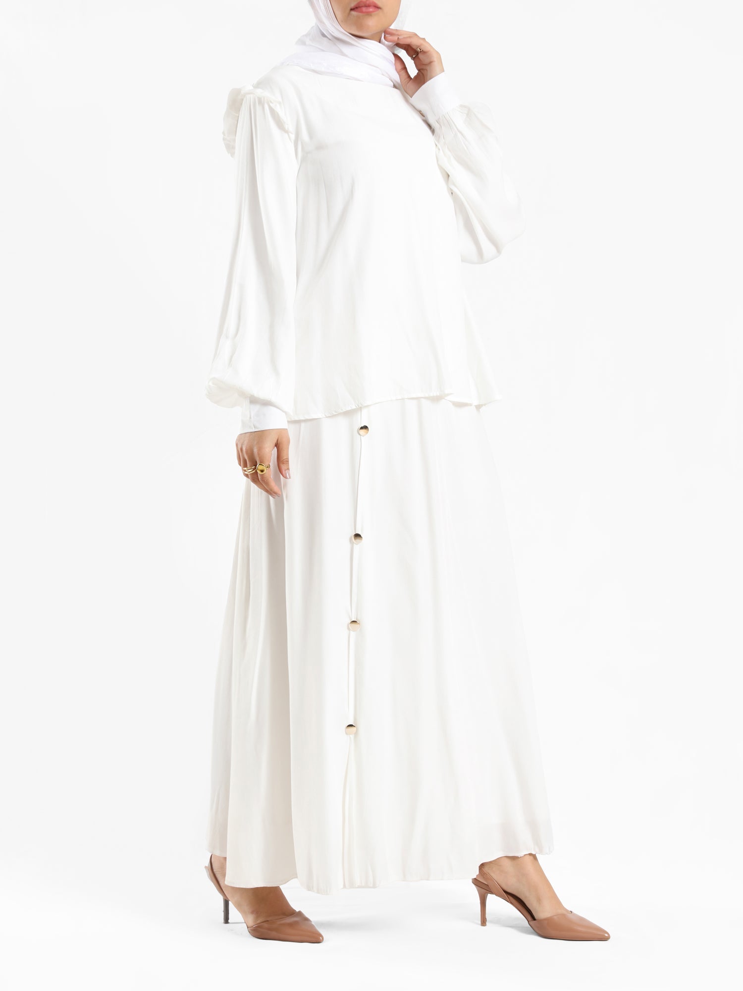 A-Line Elegance Set in samba silk blend with button blouse and skirt, a modest summer outfit in navy, white, or beige