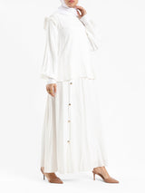 A-Line Elegance Set in samba silk blend with button blouse and skirt, a modest summer outfit in navy, white, or beige