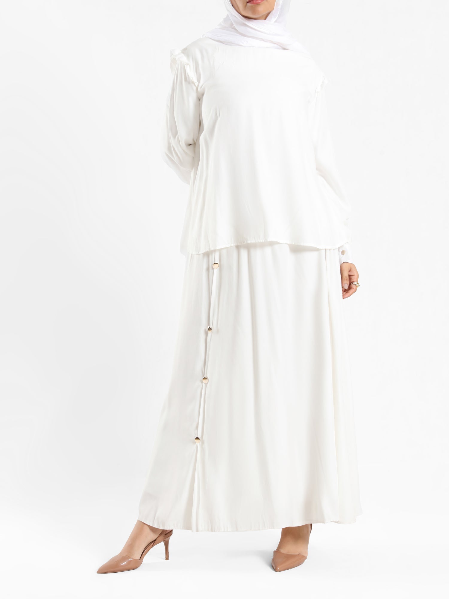 A-Line Elegance Set in samba silk blend with button blouse and skirt, a modest summer outfit in navy, white, or beige