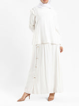 A-Line Elegance Set in samba silk blend with button blouse and skirt, a modest summer outfit in navy, white, or beige