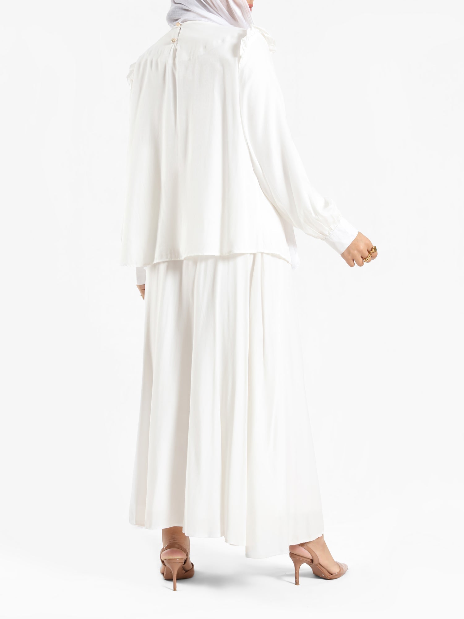 A-Line Elegance Set in samba silk blend with button blouse and skirt, a modest summer outfit in navy, white, or beige