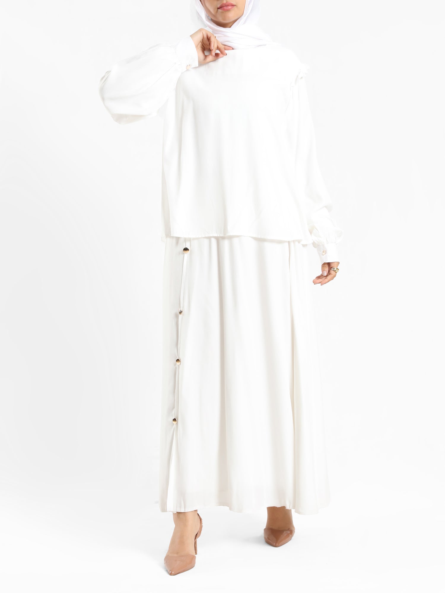 A-Line Elegance Set in samba silk blend with button blouse and skirt, a modest summer outfit in navy, white, or beige