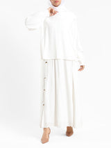 A-Line Elegance Set in samba silk blend with button blouse and skirt, a modest summer outfit in navy, white, or beige