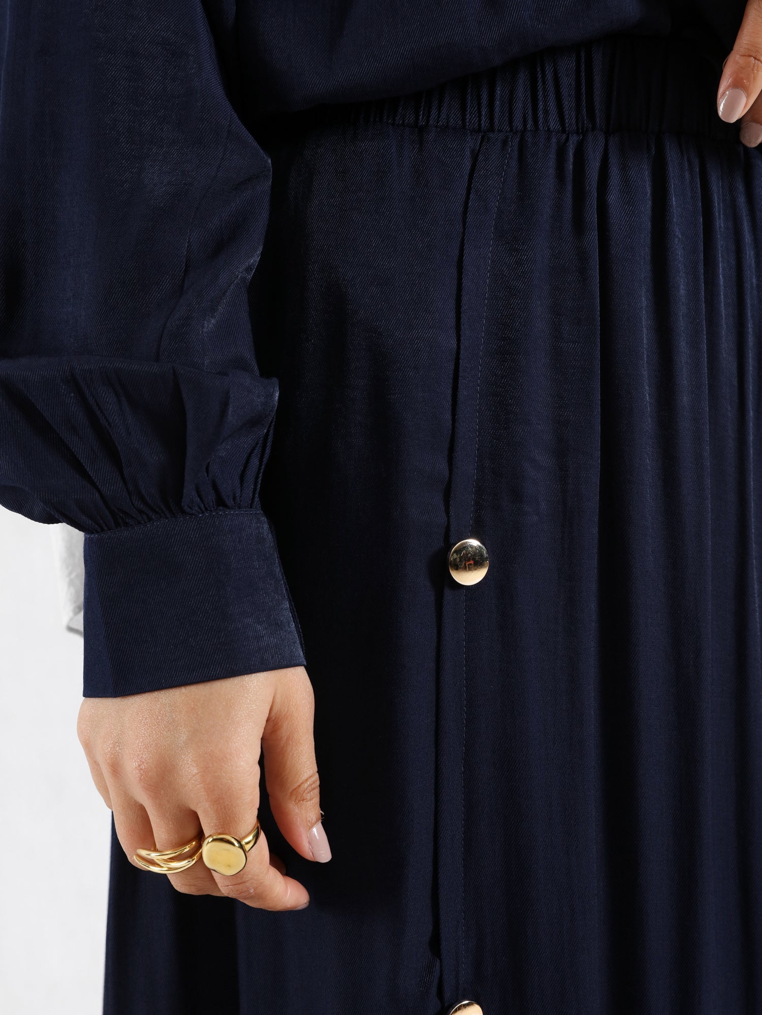 A-Line Elegance Set in samba silk blend with button blouse and skirt, a modest summer outfit in navy, white, or beige