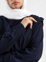 A-Line Elegance Set in samba silk blend with button blouse and skirt, a modest summer outfit in navy, white, or beige