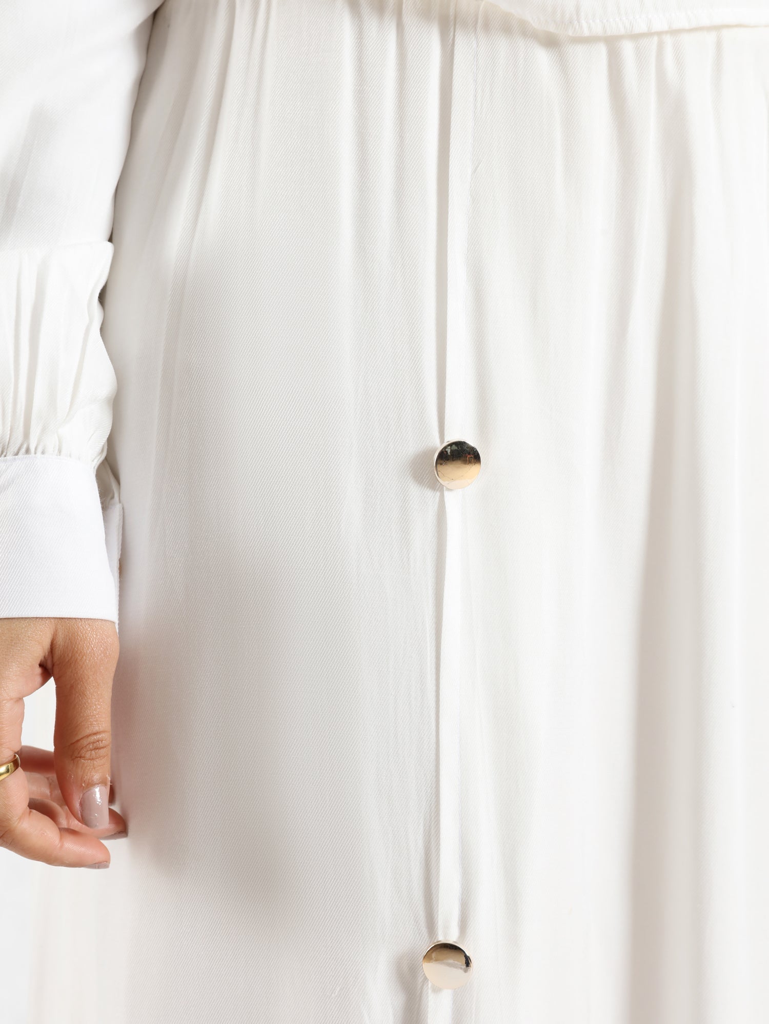 A-Line Elegance Set in samba silk blend with button blouse and skirt, a modest summer outfit in navy, white, or beige