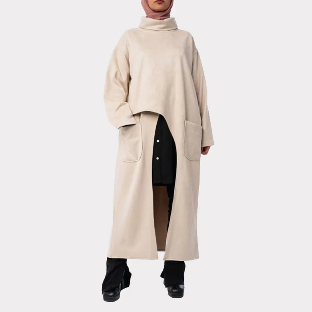 Almost Criss Cross Top in soft suede with asymmetrical lines and side wrap detail, a chic long vest in beige, olive, black, or baby pink