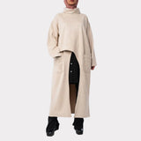 Almost Criss Cross Top in soft suede with asymmetrical lines and side wrap detail, a chic long vest in beige, olive, black, or baby pink