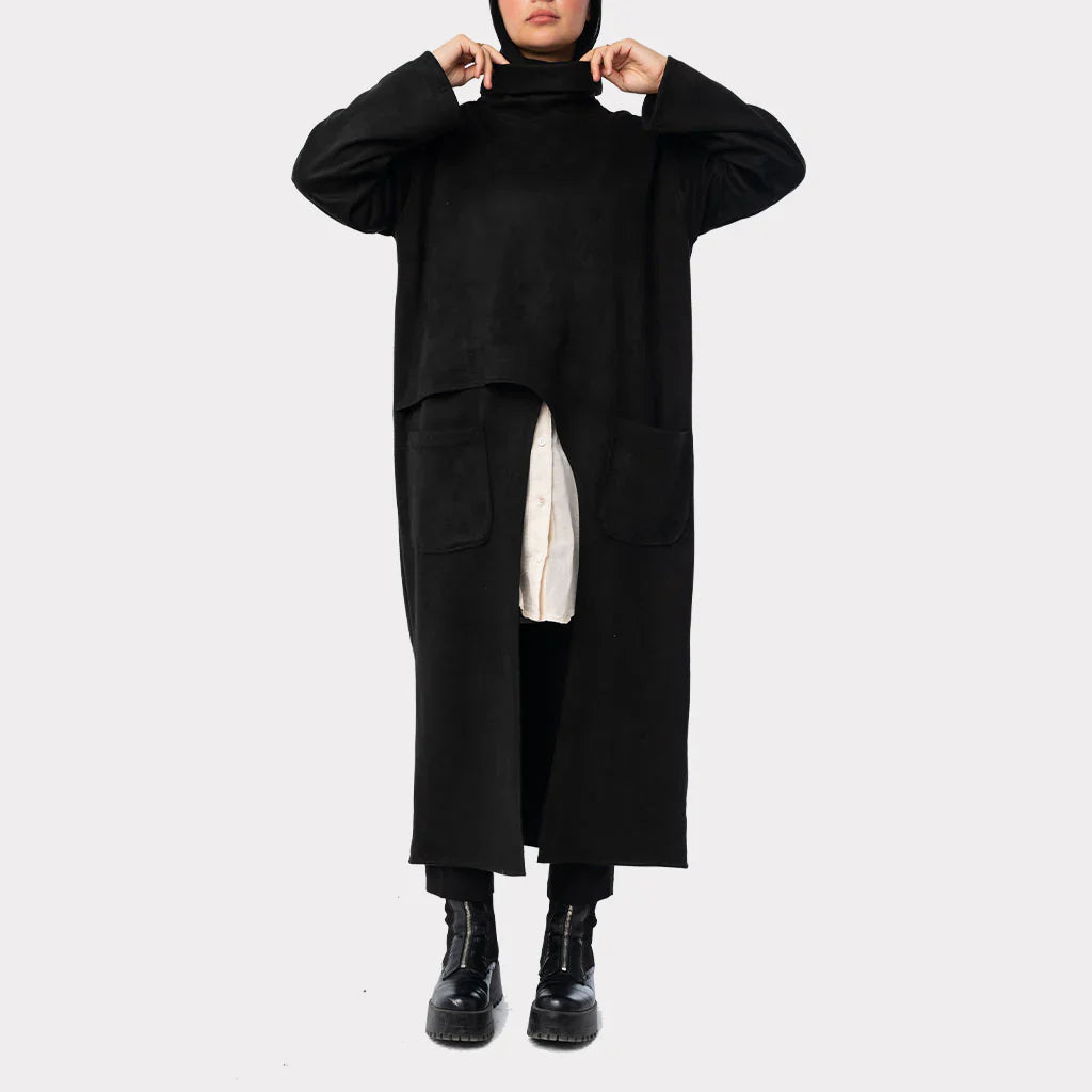 Almost Criss Cross Top in soft suede with asymmetrical lines and side wrap detail, a chic long vest in beige, olive, black, or baby pink