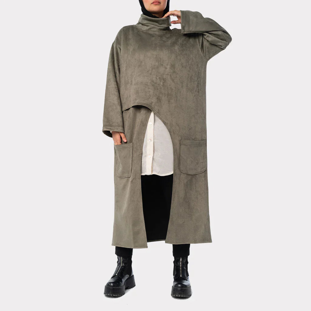 Almost Criss Cross Top in soft suede with asymmetrical lines and side wrap detail, a chic long vest in beige, olive, black, or baby pink