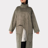 Almost Criss Cross Top in soft suede with asymmetrical lines and side wrap detail, a chic long vest in beige, olive, black, or baby pink