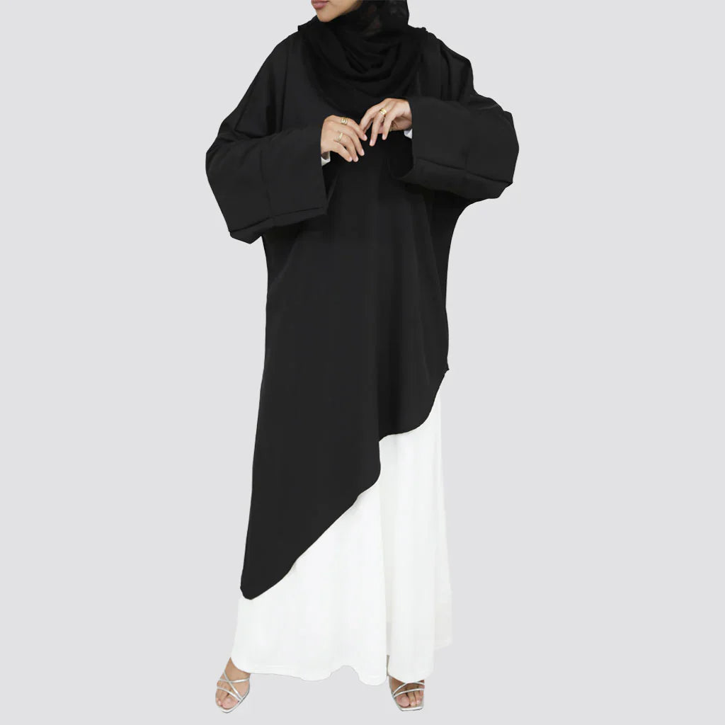 Asymmetrical Cascading Top in smooth crepe with one-sided floral print and draped silhouette, a playful free-size blouse in beige, black, mauve, or lime green