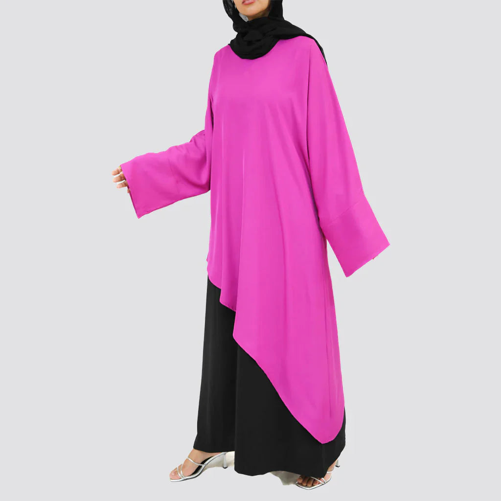 Asymmetrical Cascading Top in smooth crepe with one-sided floral print and draped silhouette, a playful free-size blouse in beige, black, mauve, or lime green