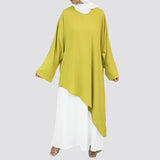 Asymmetrical Cascading Top in smooth crepe with one-sided floral print and draped silhouette, a playful free-size blouse in beige, black, mauve, or lime green