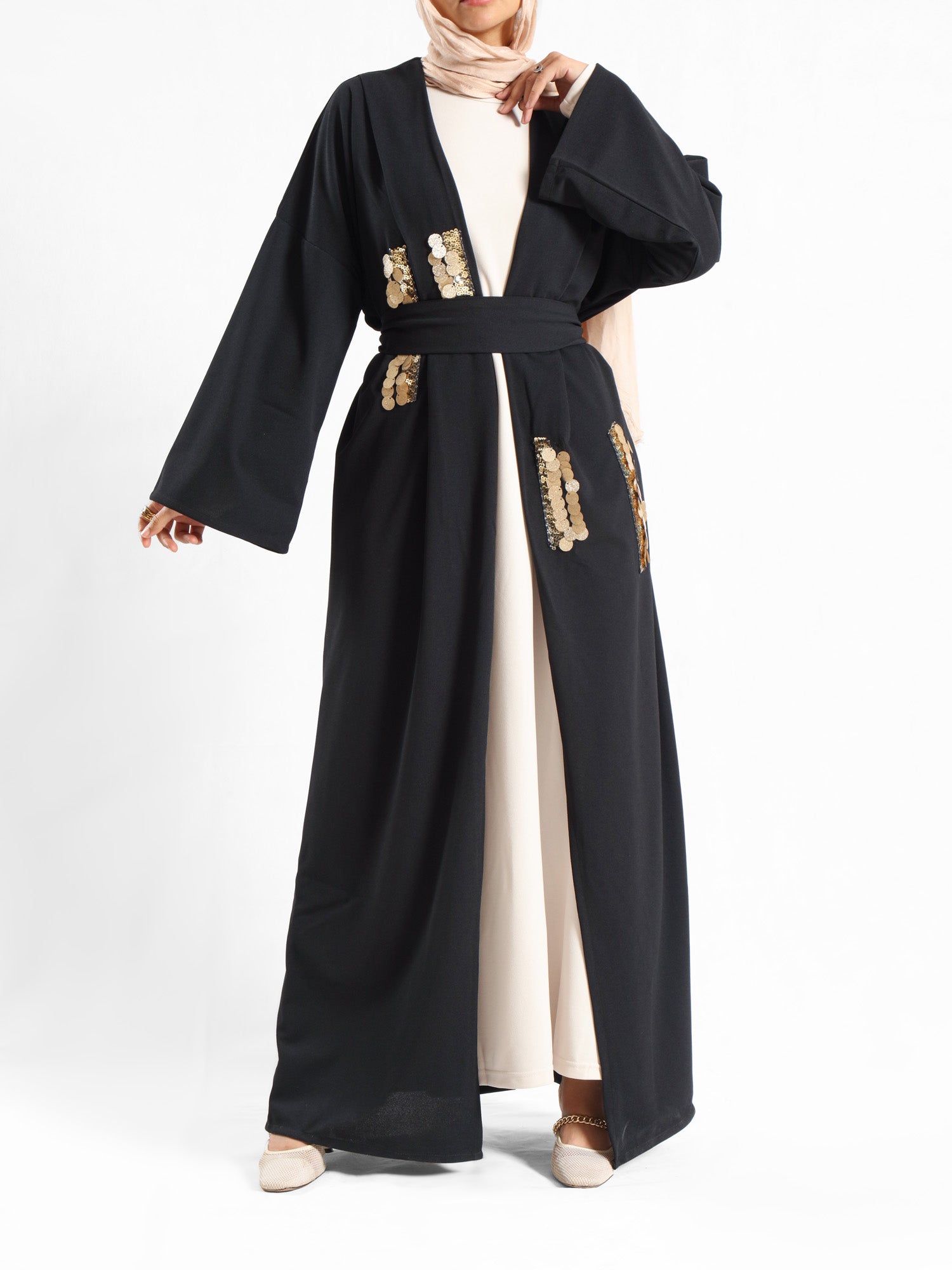 Bedouin Blossom Kaftan with flowing silhouette and free-size fit, designed for modest everyday comfort and effortless style