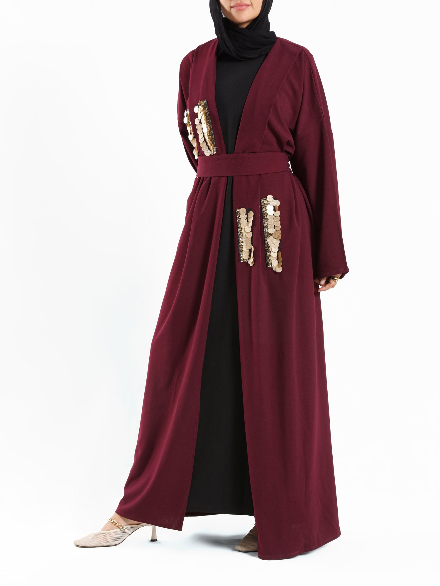 Bedouin Blossom Kaftan with graceful drape and free-size fit in maroon or black, designed for ease of movement and modest everyday flair