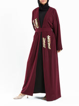 Bedouin Blossom Kaftan with graceful drape and free-size fit in maroon or black, designed for ease of movement and modest everyday flair