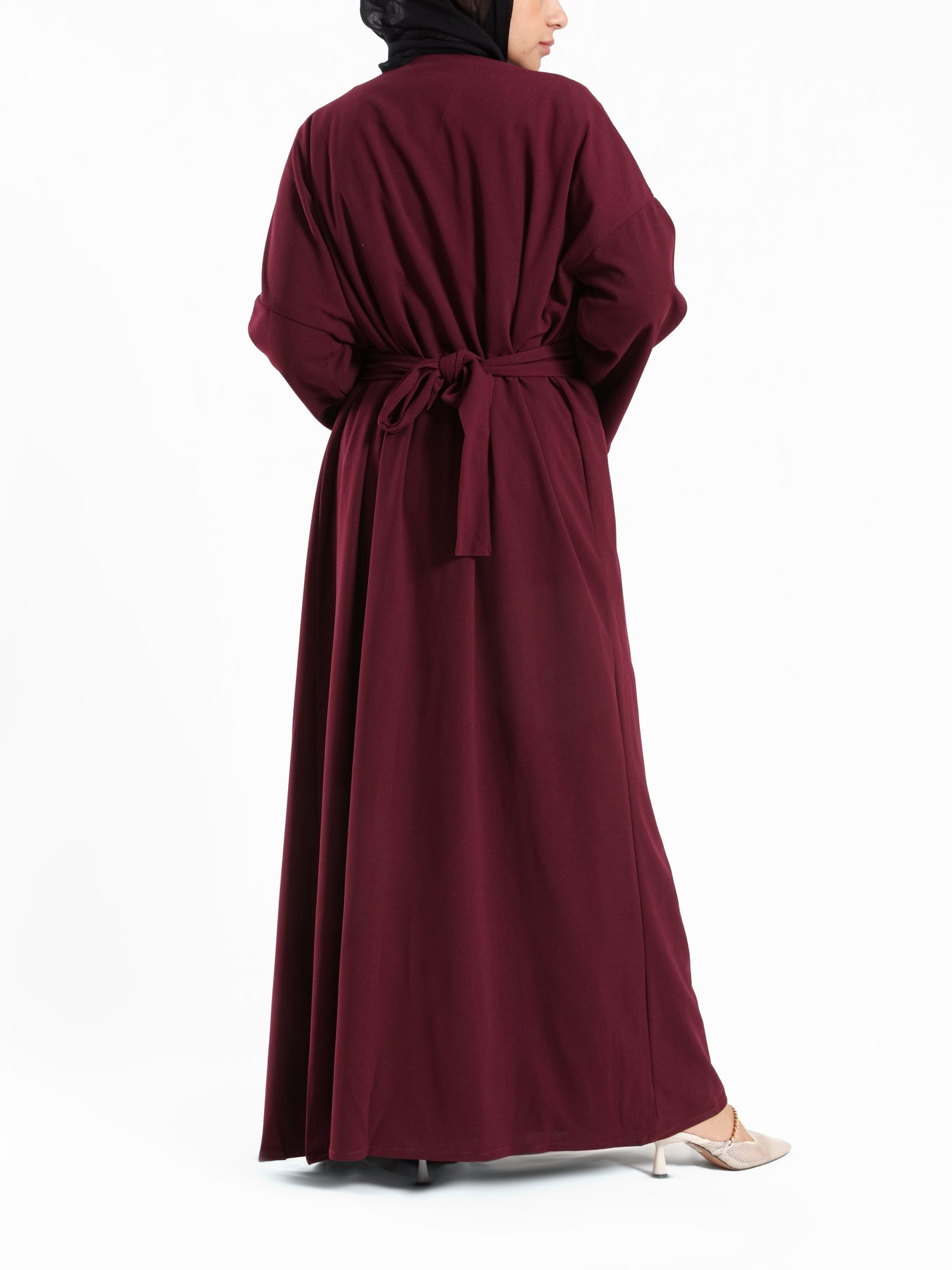 Bedouin Blossom Kaftan with graceful drape and free-size fit in maroon or black, designed for ease of movement and modest everyday flair