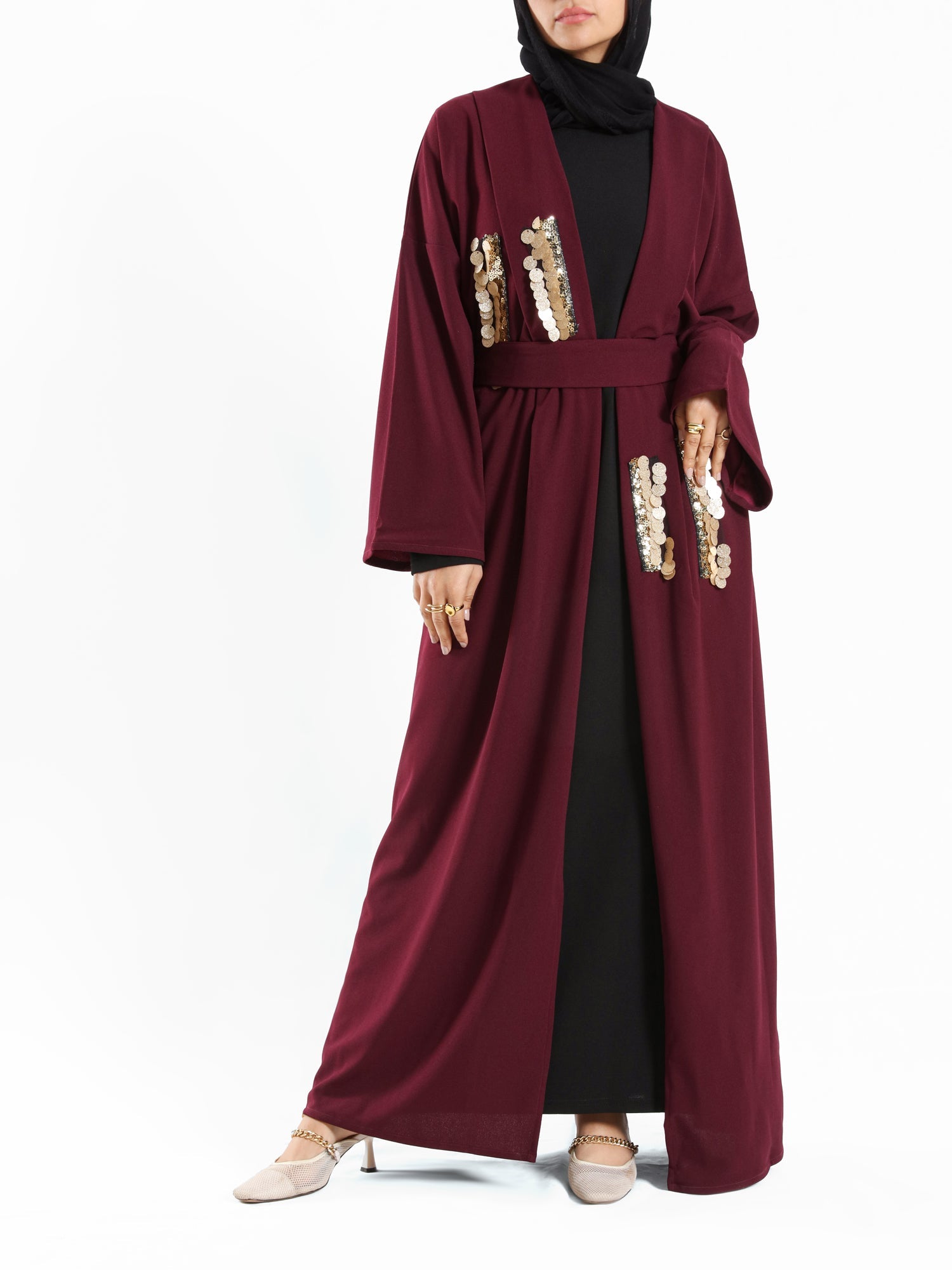 Bedouin Blossom Kaftan with graceful drape and free-size fit in maroon or black, designed for ease of movement and modest everyday flair