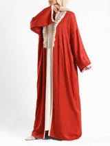 Boho Bliss Kaftan in satin crepe cotton with embroidered Indian tapes, featuring a free-size flowing design for vibrant, effortless modest style