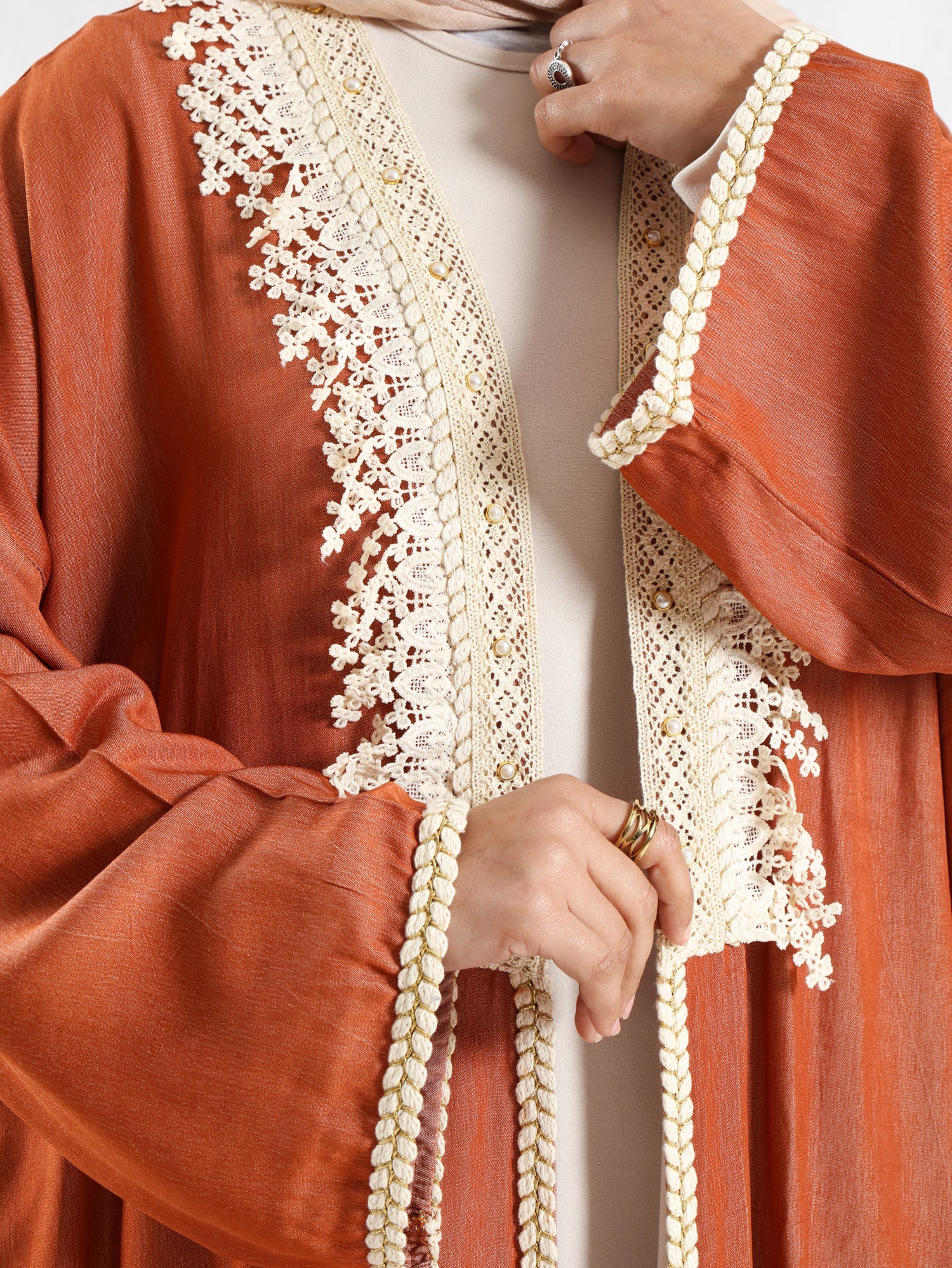 Boho Bliss Kaftan in satin crepe cotton with embroidered Indian tapes, featuring a free-size flowing design for vibrant, effortless modest style