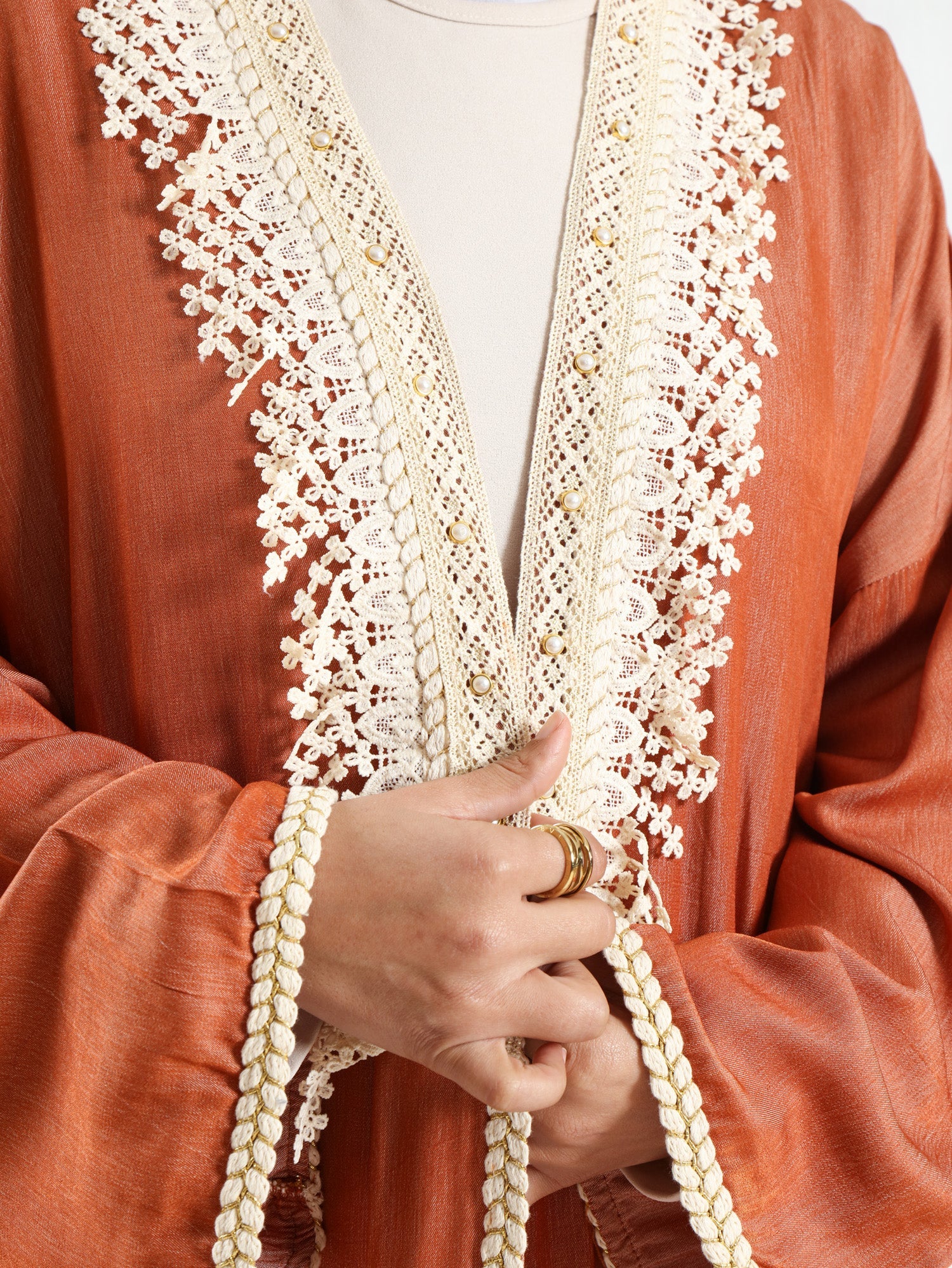 Boho Bliss Kaftan in satin crepe cotton with embroidered Indian tapes, featuring a free-size flowing design for vibrant, effortless modest style