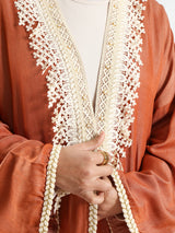 Boho Bliss Kaftan in satin crepe cotton with embroidered Indian tapes, featuring a free-size flowing design for vibrant, effortless modest style