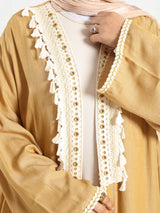 Boho Bliss Kaftan in satin crepe cotton with embroidered Indian tapes, featuring a free-size flowing design for vibrant, effortless modest style