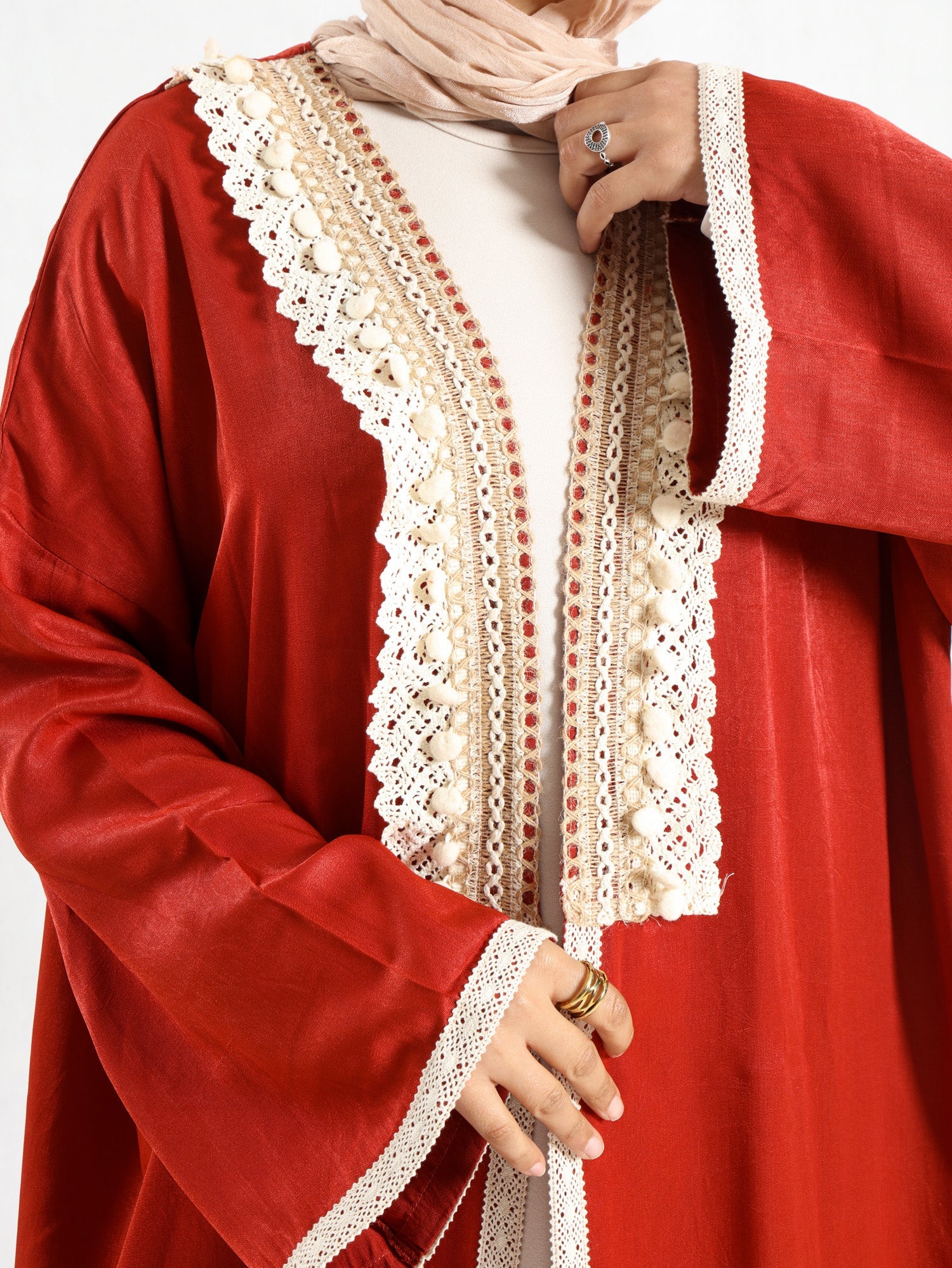 Boho Bliss Kaftan in satin crepe cotton with embroidered Indian tapes, featuring a free-size flowing design for vibrant, effortless modest style