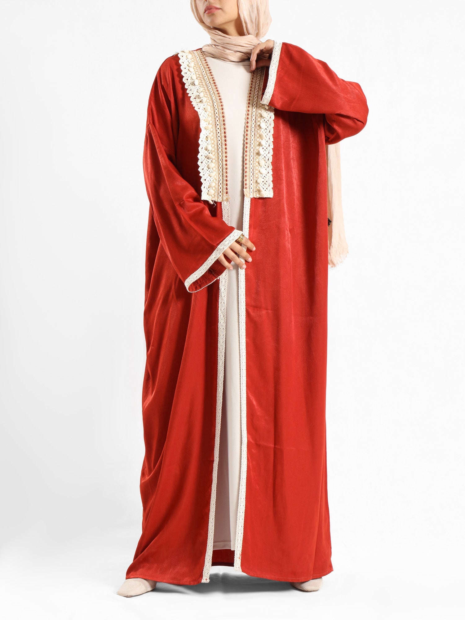 Boho Bliss Kaftan in satin crepe cotton with embroidered Indian tapes, featuring a free-size flowing design for vibrant, effortless modest style