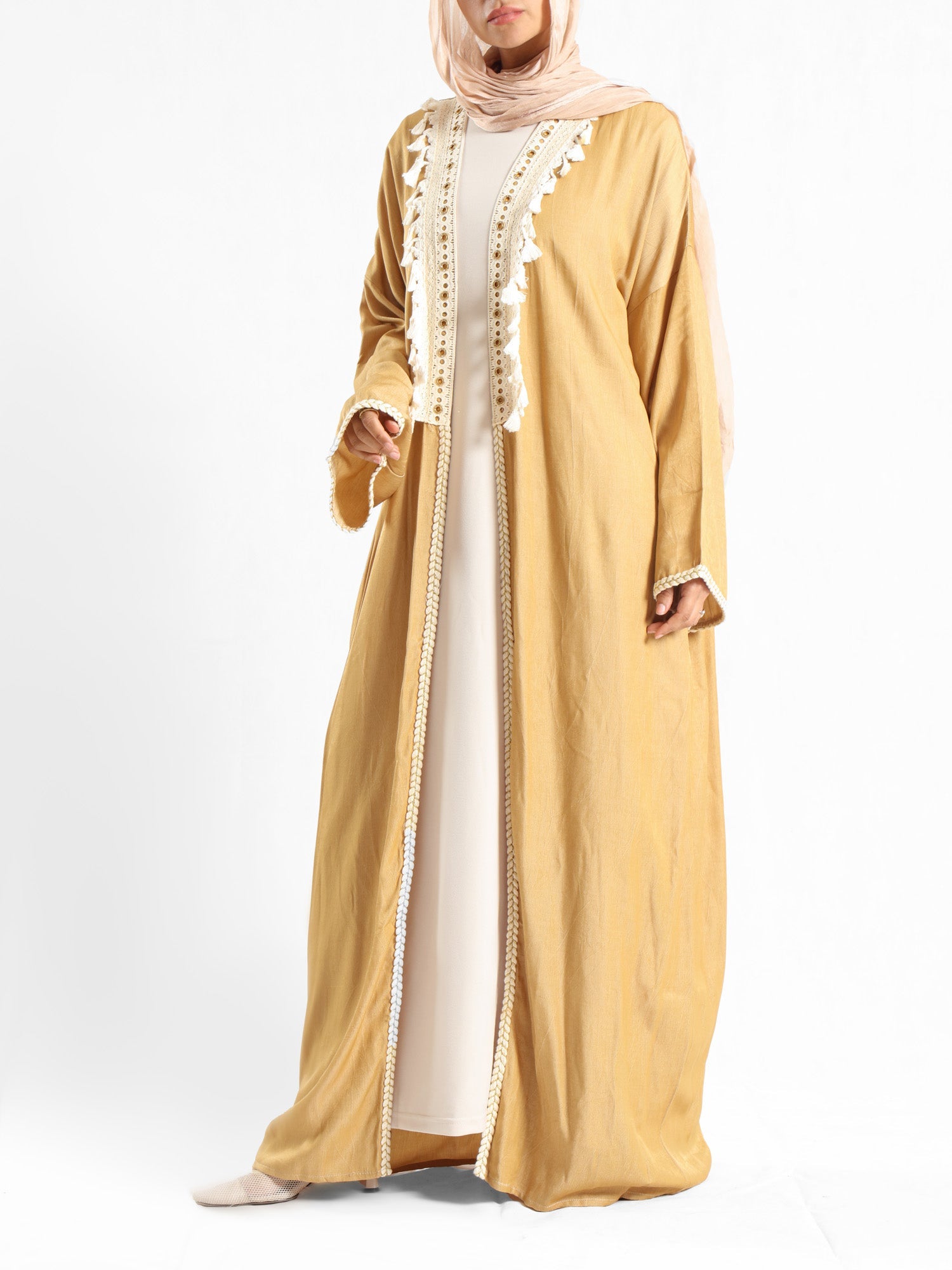 Boho Bliss Kaftan in satin crepe cotton with embroidered Indian tapes, featuring a free-size flowing design for vibrant, effortless modest style