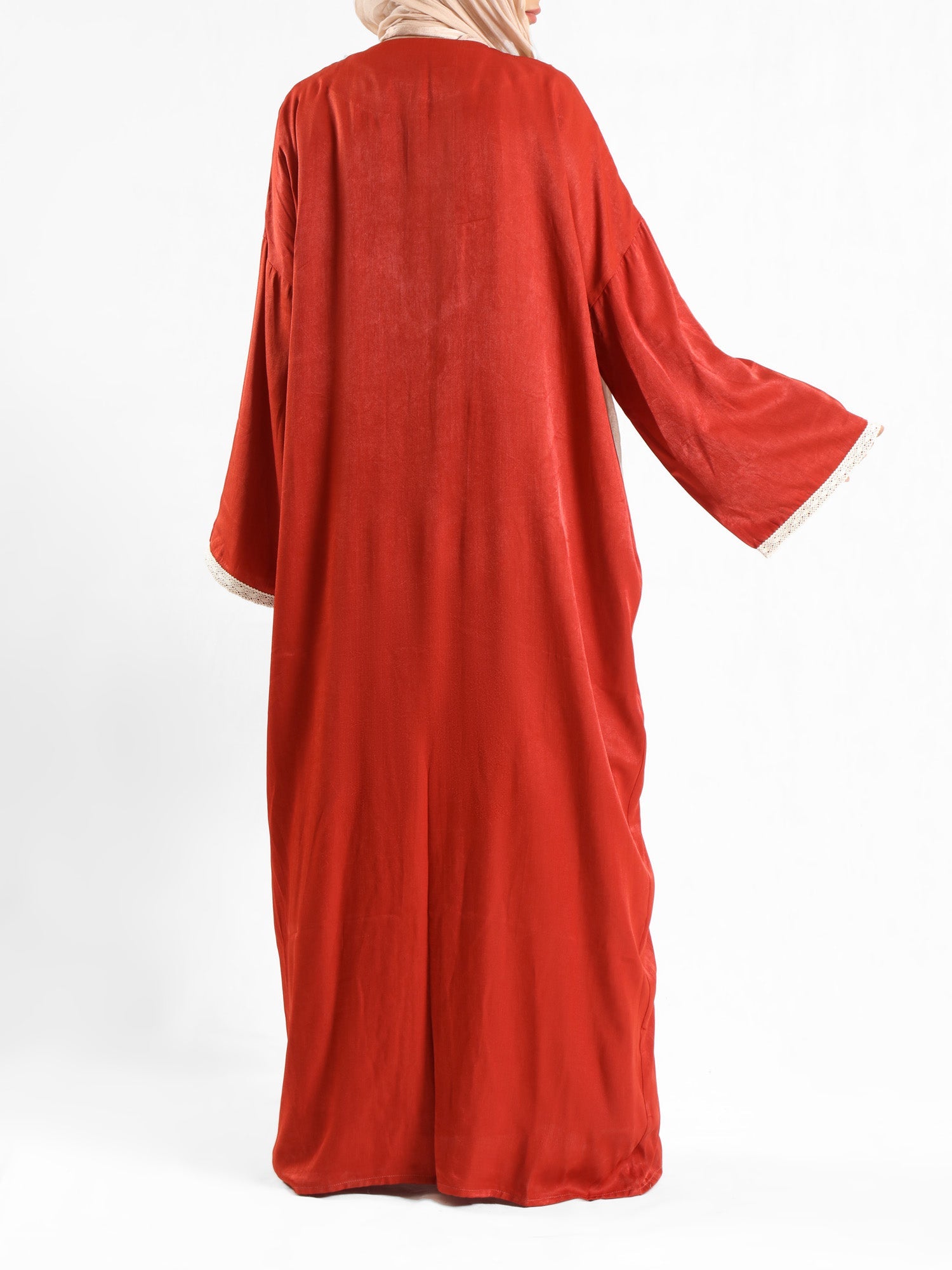 Boho Bliss Kaftan in satin crepe cotton with embroidered Indian tapes, featuring a free-size flowing design for vibrant, effortless modest style