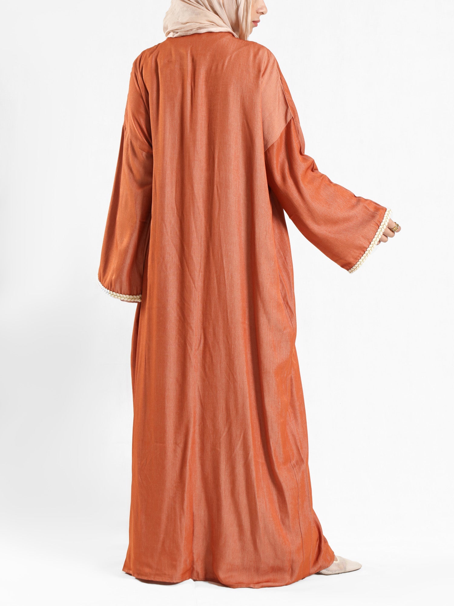 Boho Bliss Kaftan in satin crepe cotton with embroidered Indian tapes, featuring a free-size flowing design for vibrant, effortless modest style