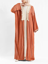 Boho Bliss Kaftan in satin crepe cotton with embroidered Indian tapes, featuring a free-size flowing design for vibrant, effortless modest style