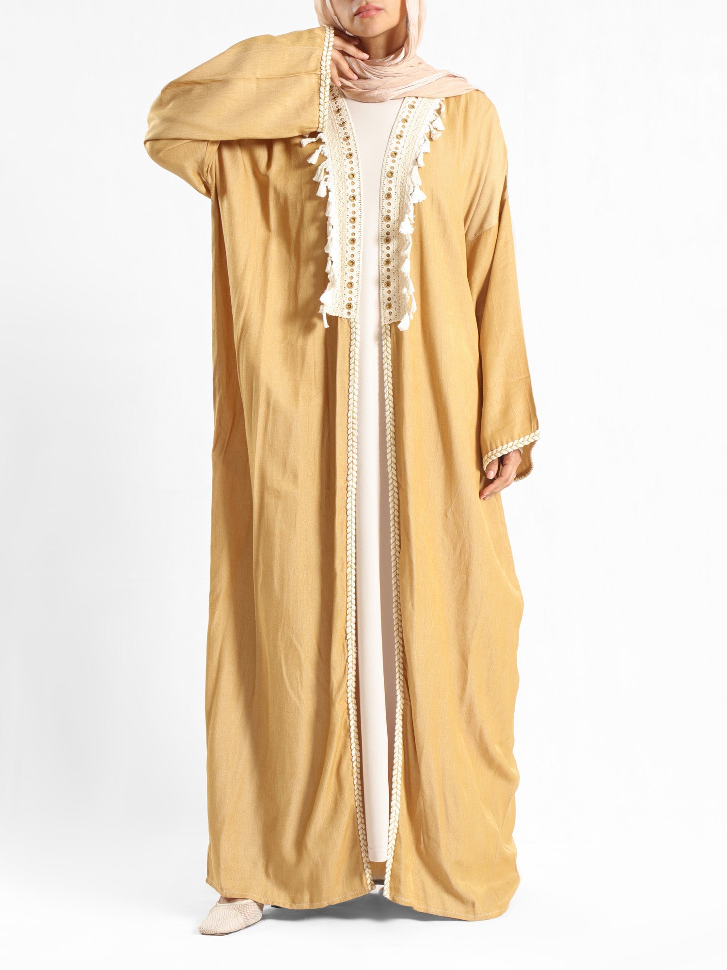 Boho Bliss Kaftan in satin crepe cotton with embroidered Indian tapes, featuring a free-size flowing design for vibrant, effortless modest style