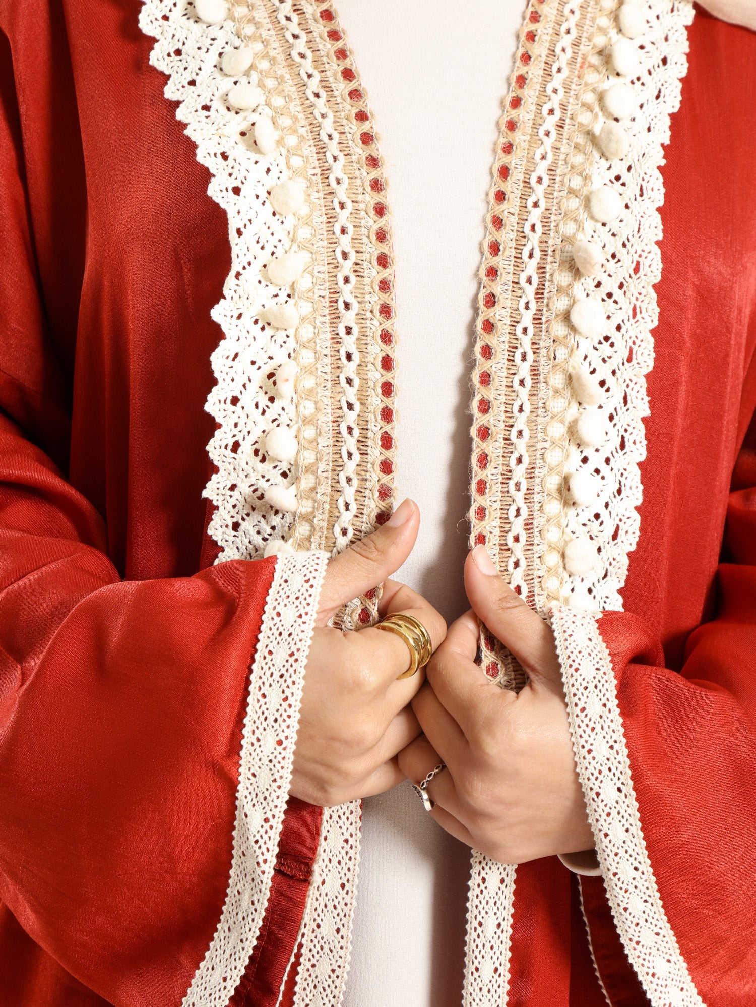 Boho Bliss Kaftan in satin crepe cotton with embroidered Indian tapes, featuring a free-size flowing design for vibrant, effortless modest style