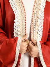 Boho Bliss Kaftan in satin crepe cotton with embroidered Indian tapes, featuring a free-size flowing design for vibrant, effortless modest style