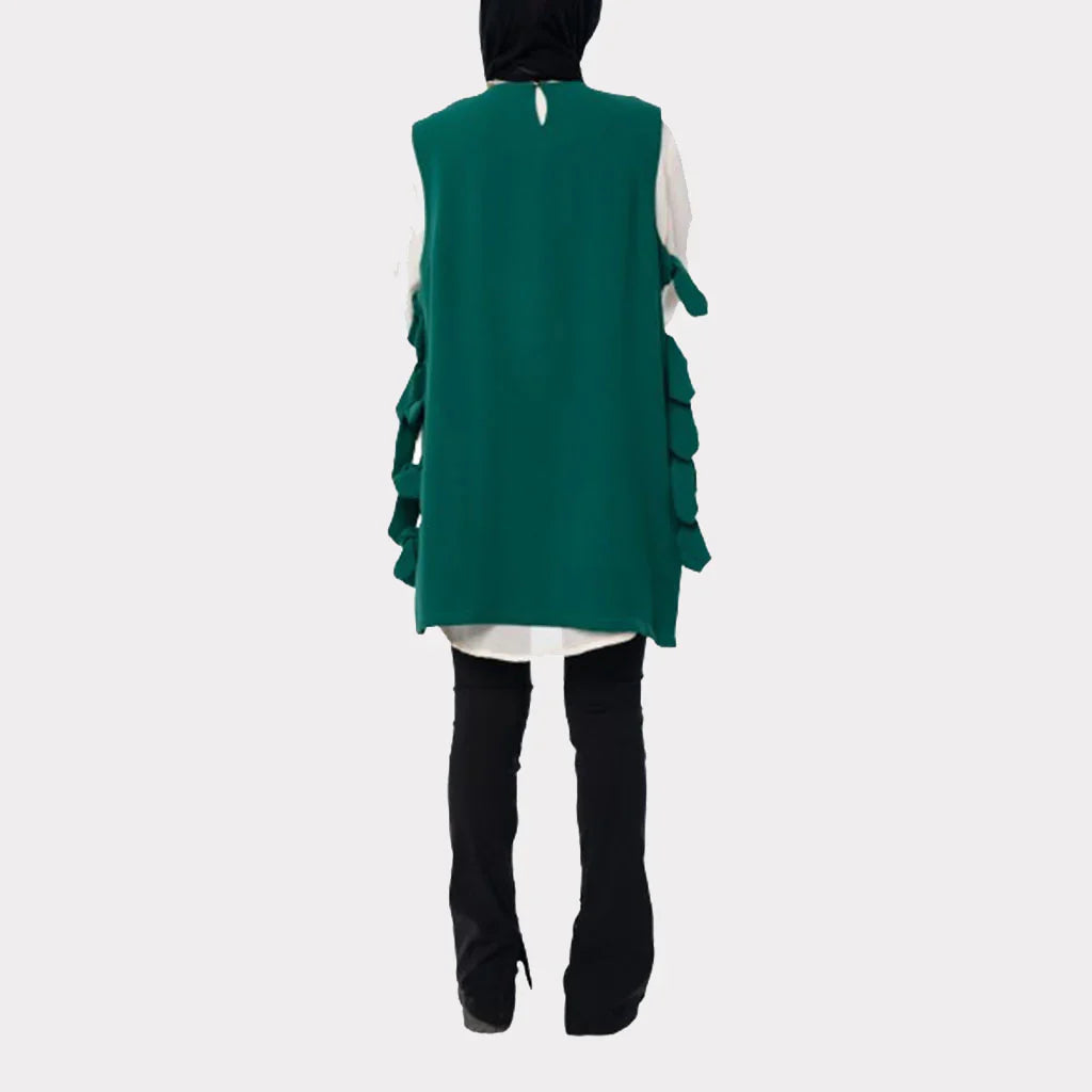 Bow Tie Vest in TR fabric with longline cut and chic side bows, an easy-to-style layering piece in green, black, red, or beige