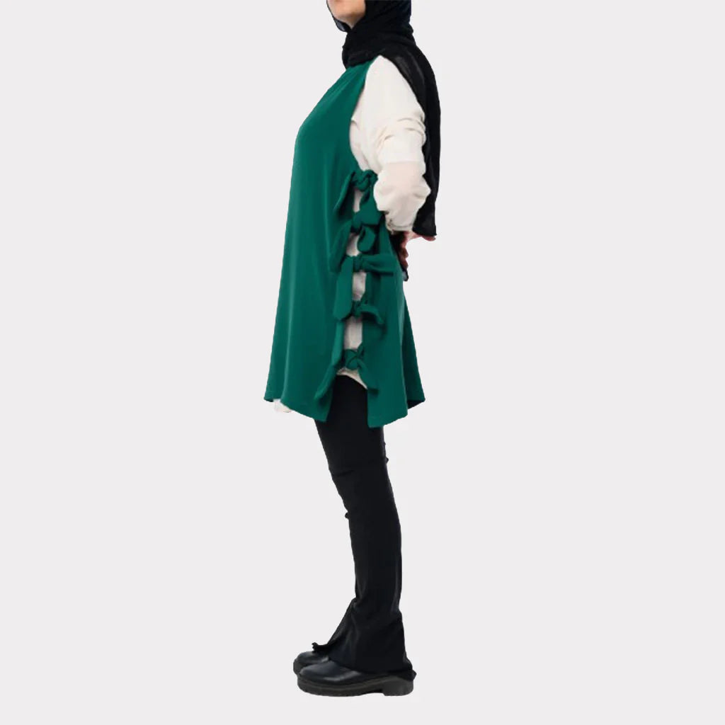 Bow Tie Vest in TR fabric with longline cut and chic side bows, an easy-to-style layering piece in green, black, red, or beige