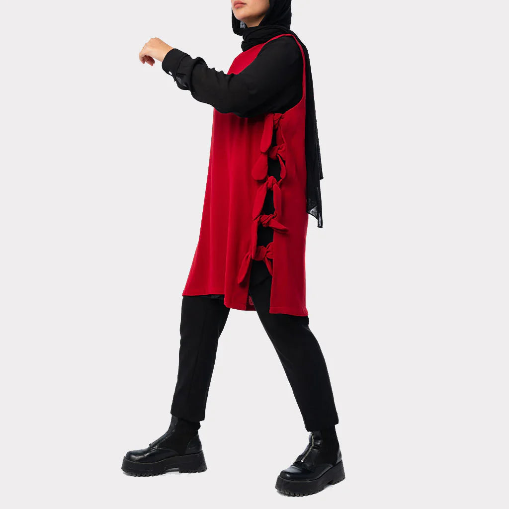 Bow Tie Vest in TR fabric with longline cut and chic side bows, an easy-to-style layering piece in green, black, red, or beige