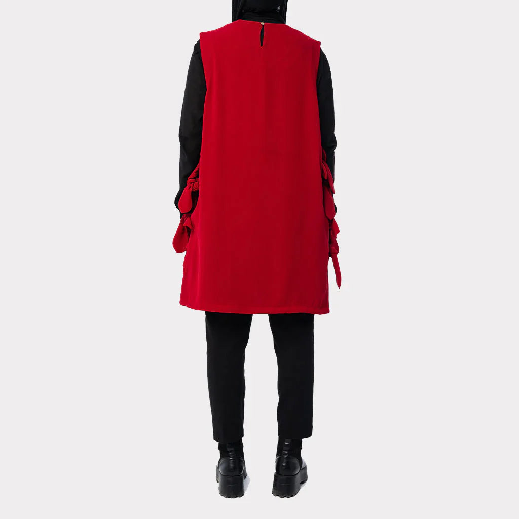 Bow Tie Vest in TR fabric with longline cut and chic side bows, an easy-to-style layering piece in green, black, red, or beige