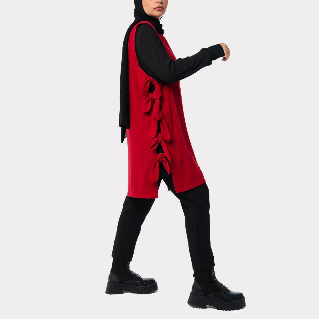 Bow Tie Vest in TR fabric with longline cut and chic side bows, an easy-to-style layering piece in green, black, red, or beige