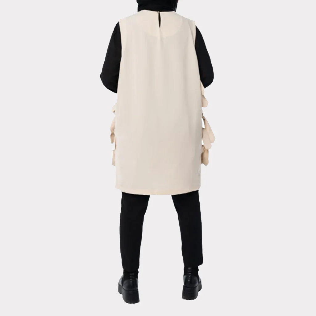 Bow Tie Vest in TR fabric with longline cut and chic side bows, an easy-to-style layering piece in green, black, red, or beige