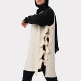 Bow Tie Vest in TR fabric with longline cut and chic side bows, an easy-to-style layering piece in green, black, red, or beige