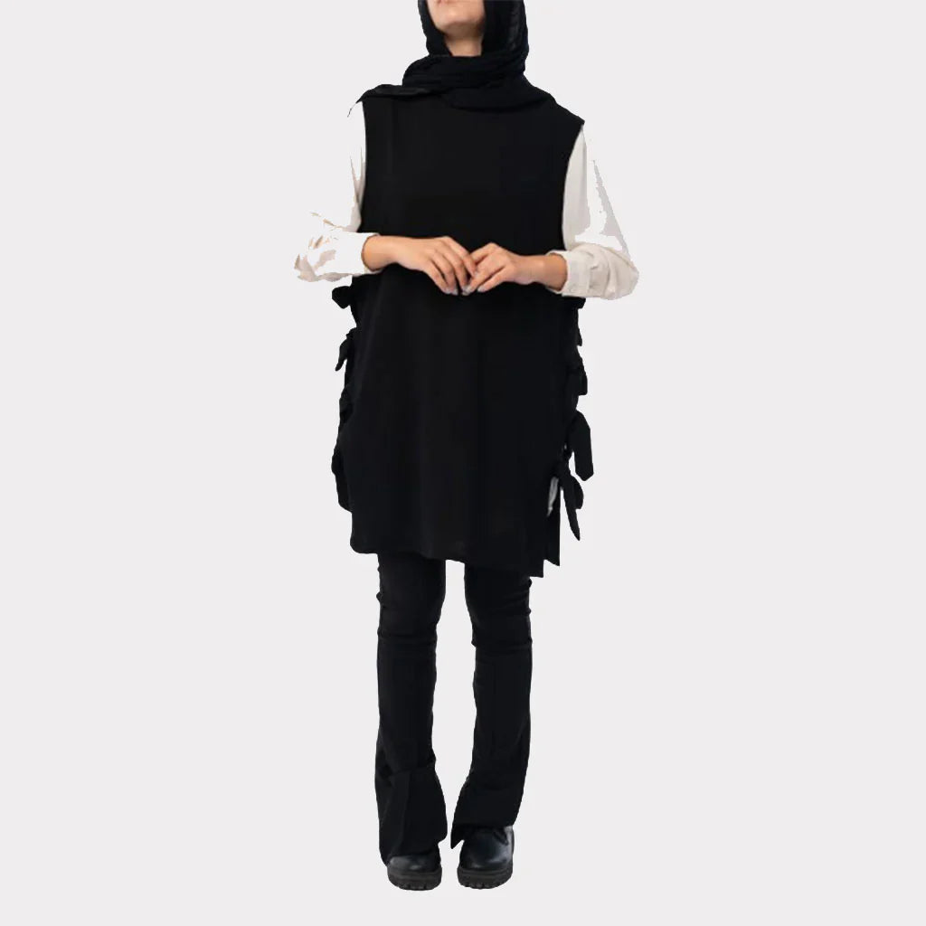 Bow Tie Vest in TR fabric with longline cut and chic side bows, an easy-to-style layering piece in green, black, red, or beige