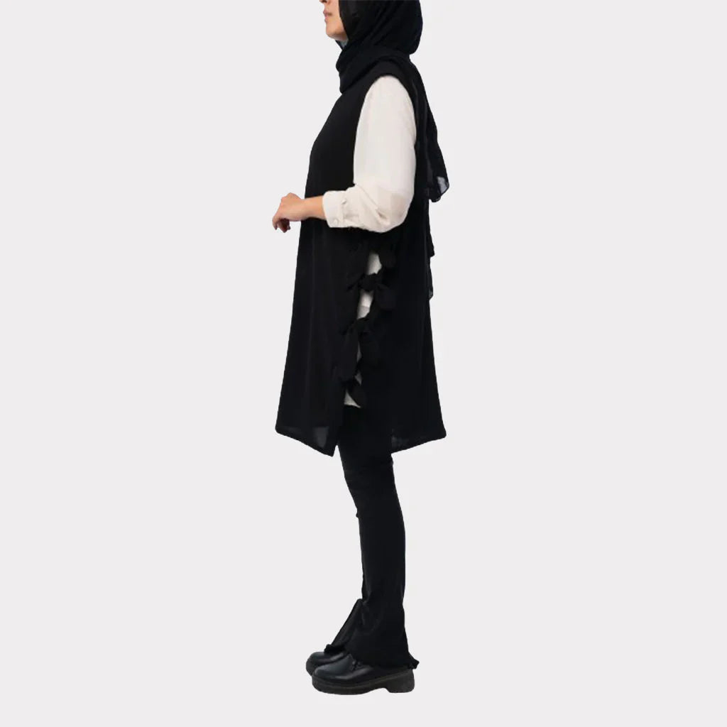 Bow Tie Vest in TR fabric with longline cut and chic side bows, an easy-to-style layering piece in green, black, red, or beige