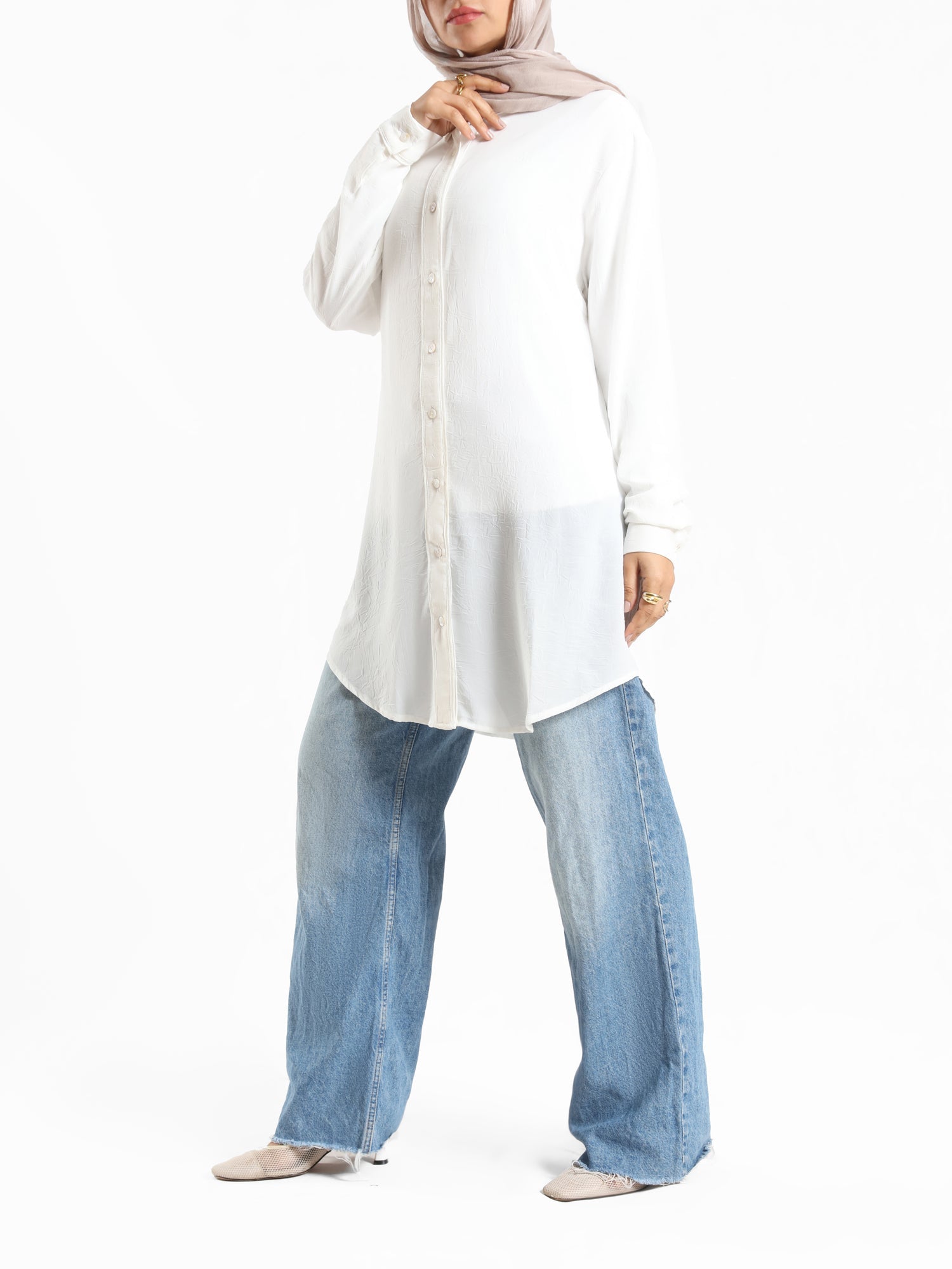 Chiffon Button Down Shirt in off white, black, or white—lightweight and polished, a wardrobe essential for effortless sophistication