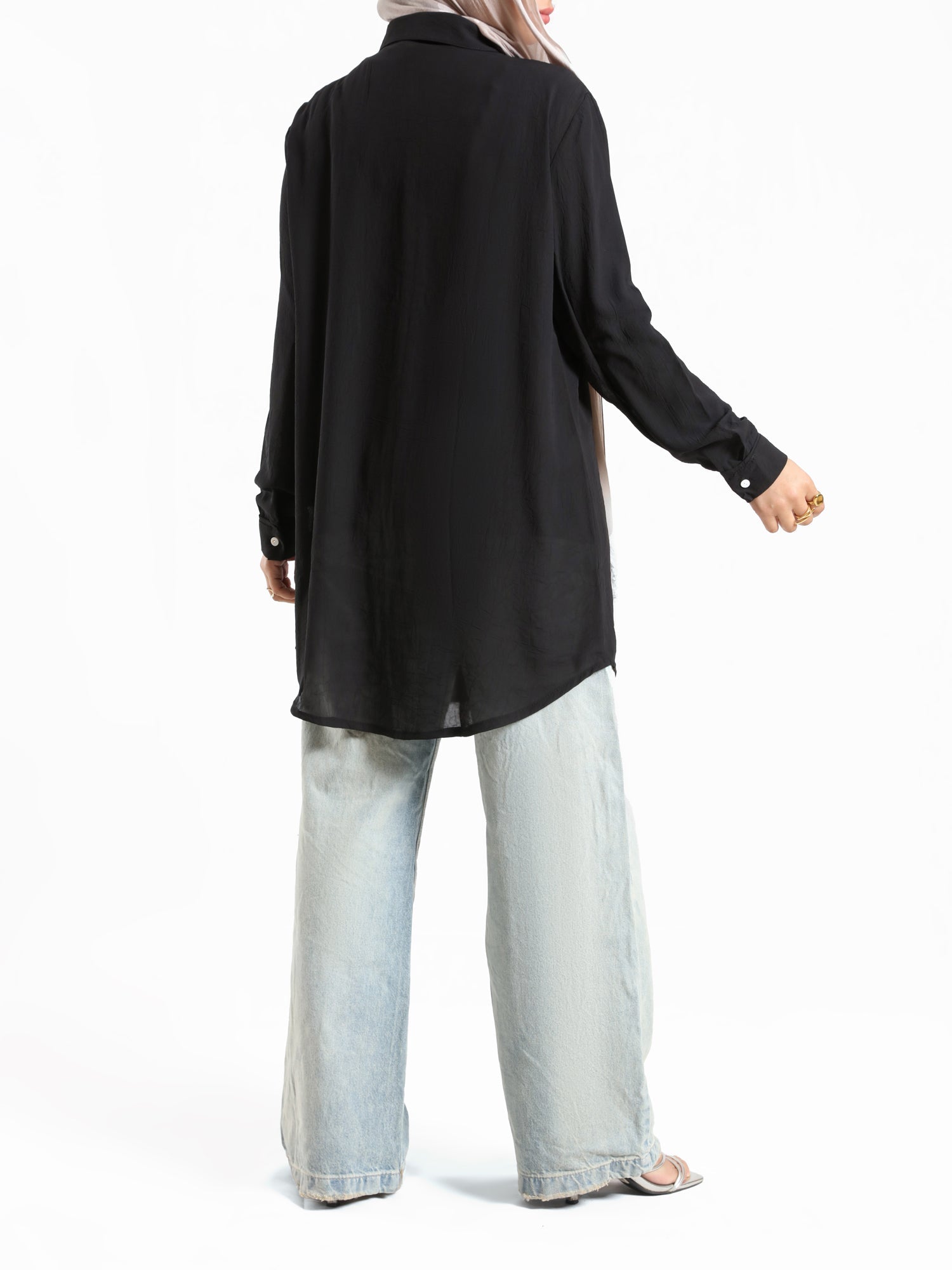 Chiffon Button Down Shirt in off white, black, or white—lightweight and polished, a wardrobe essential for effortless sophistication